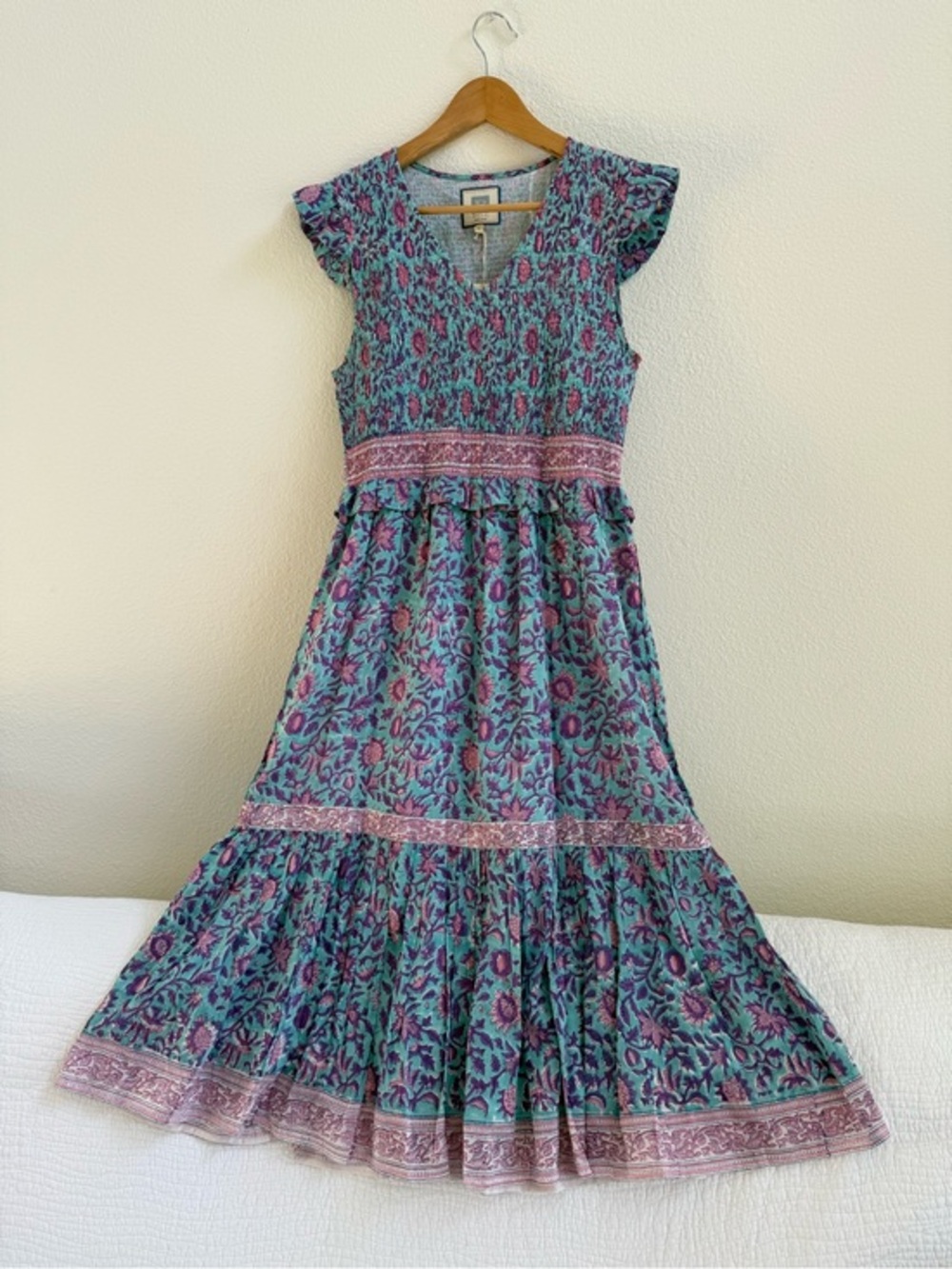 Bell by Alicia Bell Carly Midi Dress L Boho Floral Pink Blue Smocked NWT